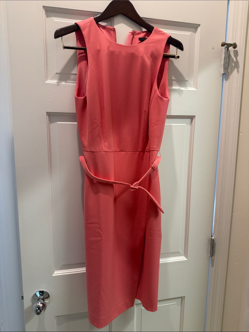 Ann Taylor Coral-Peach Sleeveless Sheath Dress with Waist Tie